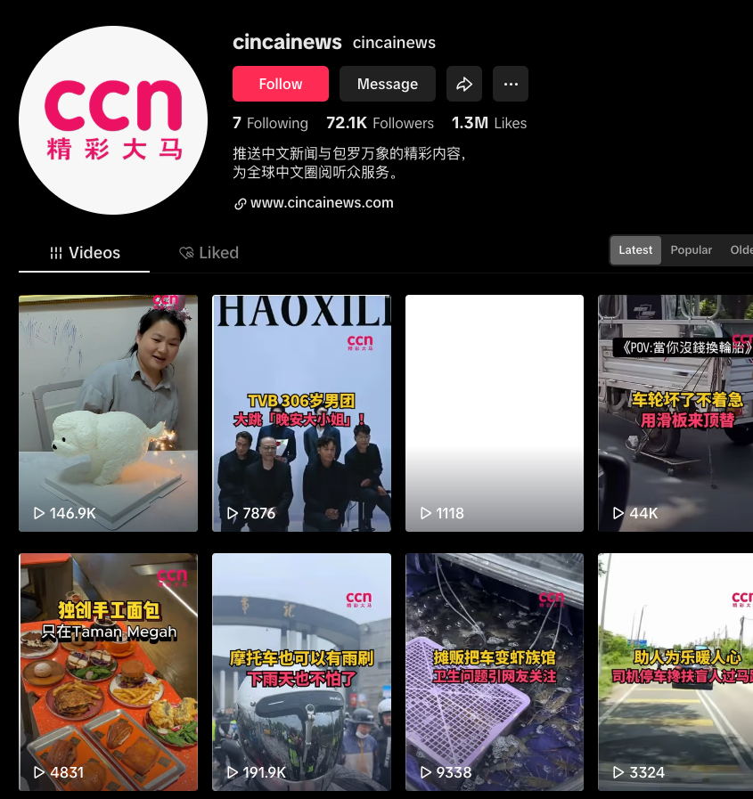Cincai News TikTok account showing metrics